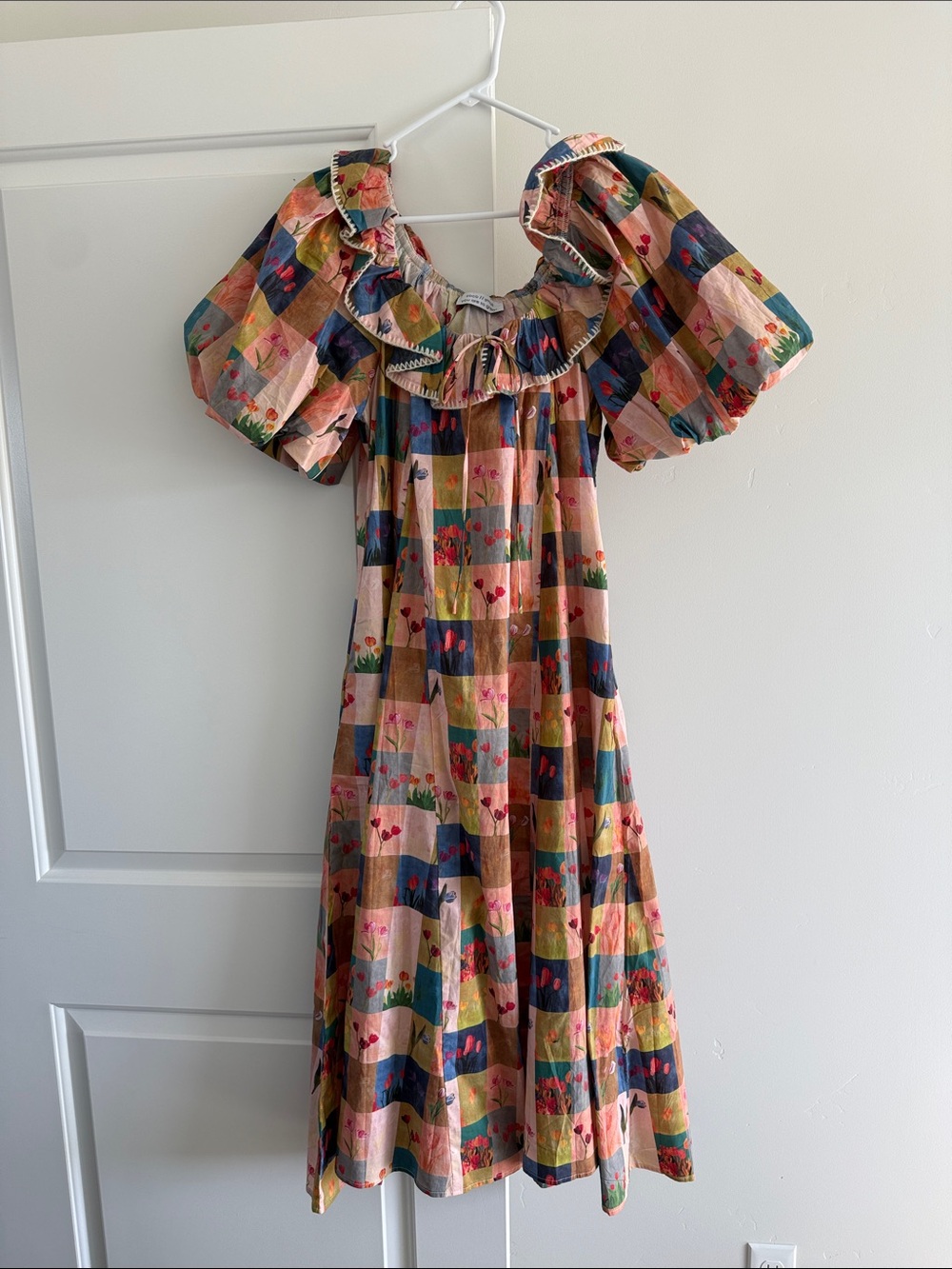 Shopzoco Smocked Ruffle Puff Sleeve Midi Dress in Multicolor Floral Check